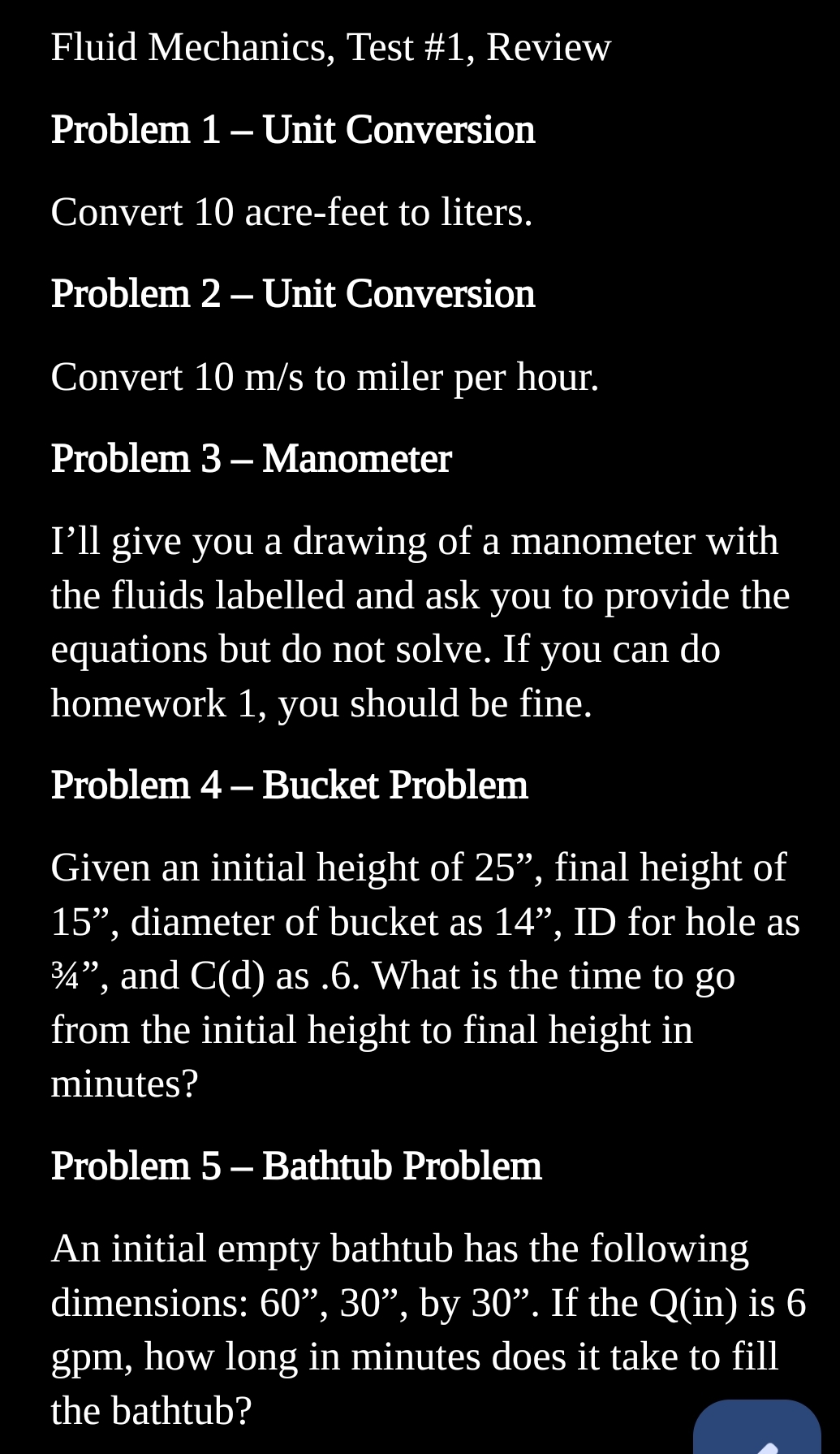 Fluid Mechanics, Test # 1 , Review Problem 1 -
