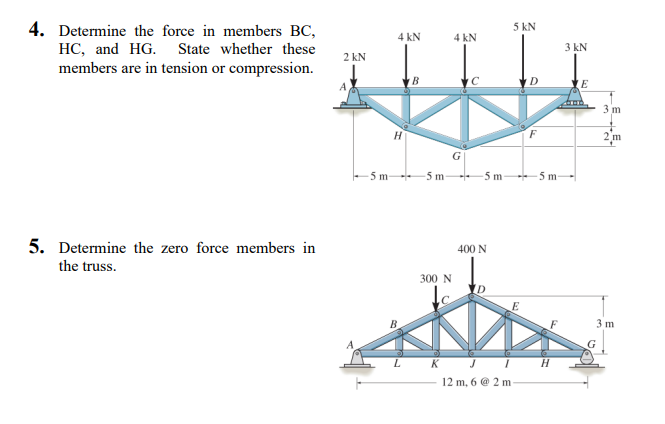 Determine the force in members B C , H C , and HG