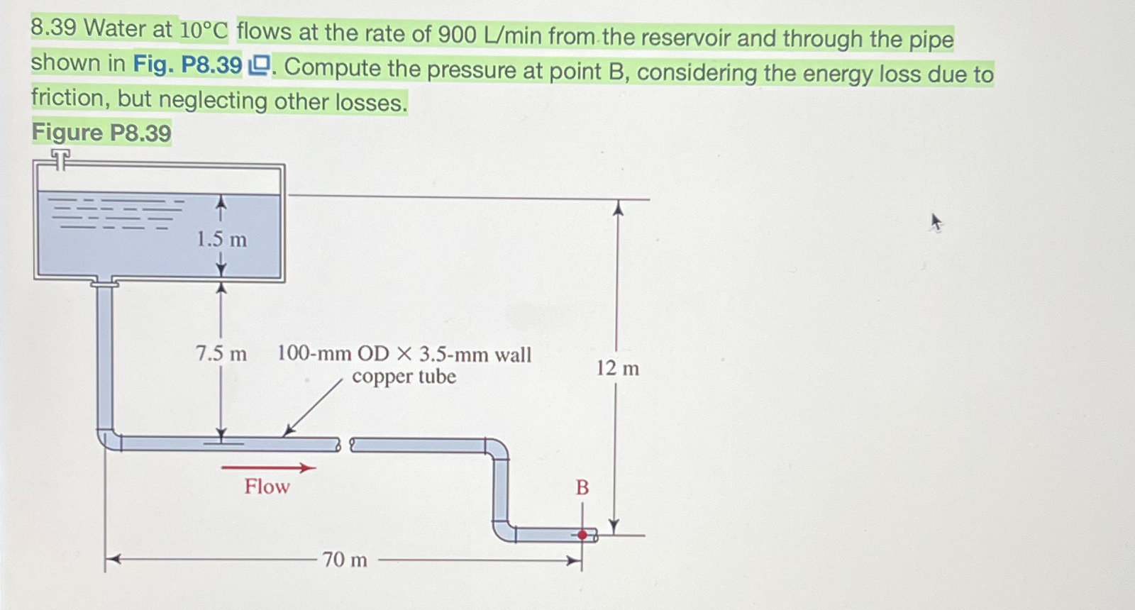 8 . 3 9 Water at 1 0 C flows at the rate of 9 0 0