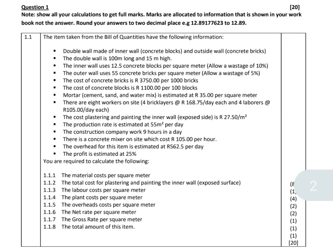 Question 1 Note: show all your calculations to