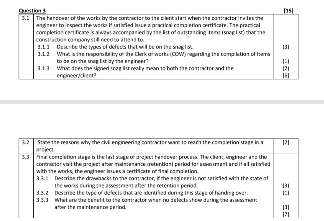 Question 3 engineer to inspect the works if