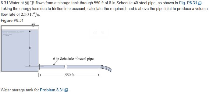 8 . 3 1 Water at 8 0 F flows from a storage tank