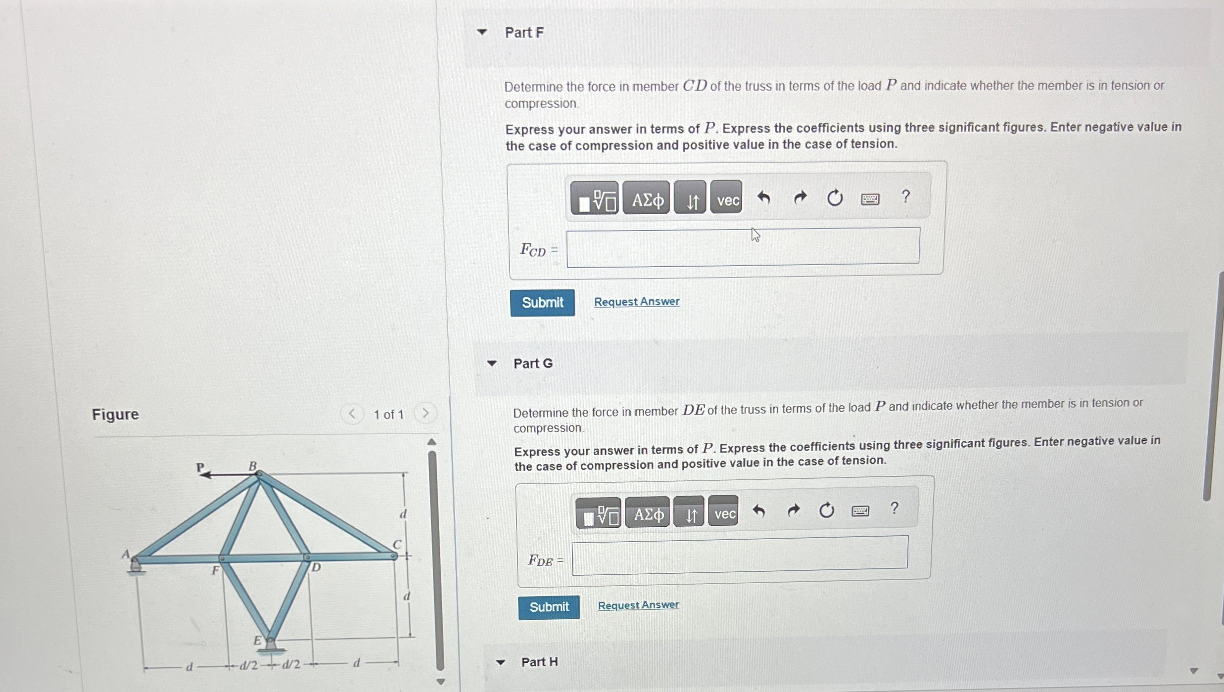 Part F Determine the force in member C D of the