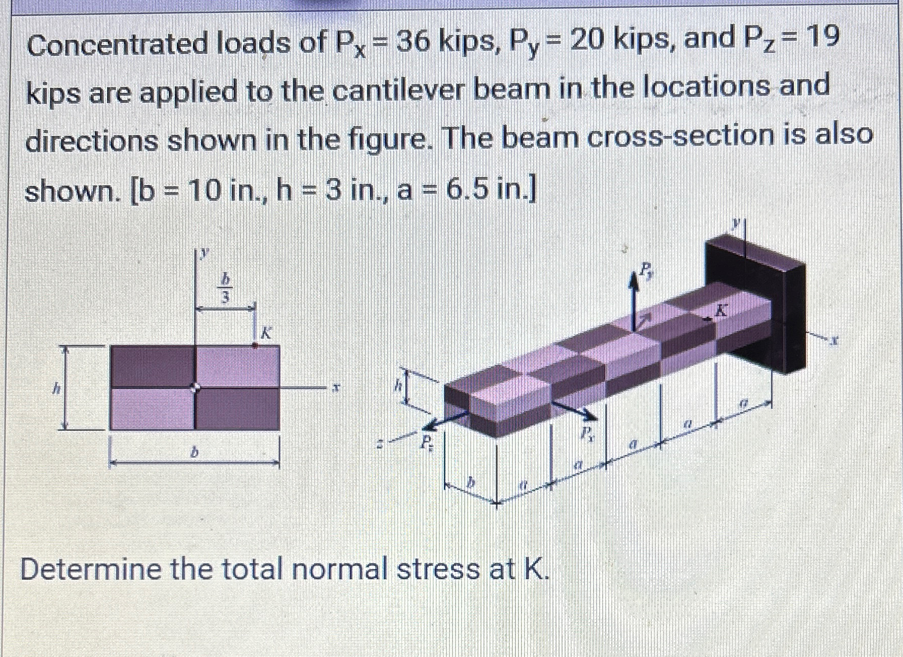 Concentrated loads of P x = 3 6 kips, P y = 2 0