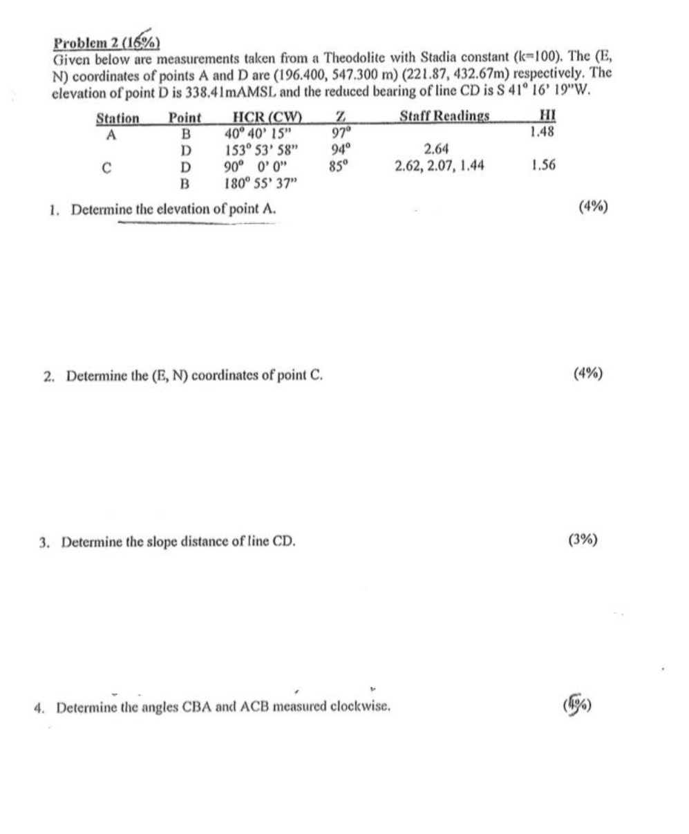 Problem 2 ( 1 6 % ) Given below are measurements