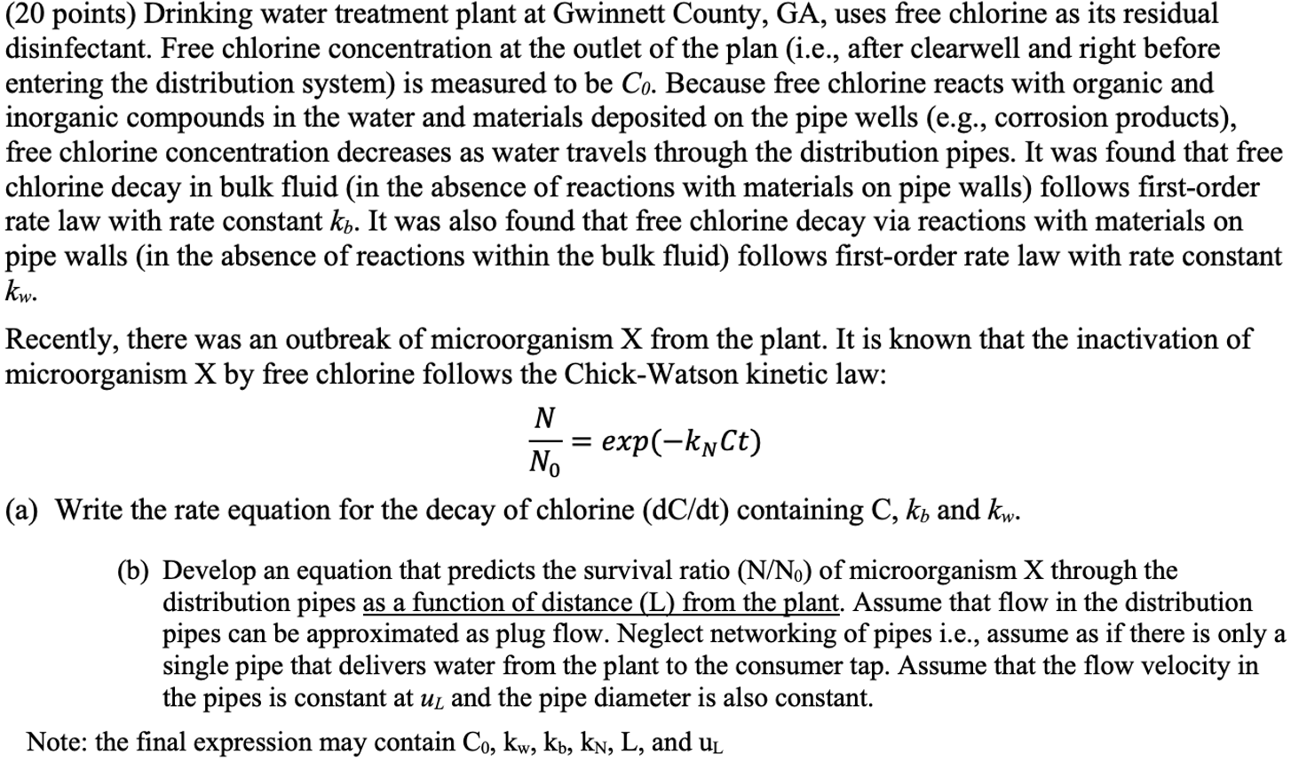 ( 2 0 points ) Drinking water treatment plant at