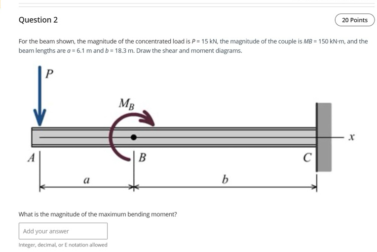 Question 2 For the beam shown, the magnitude of