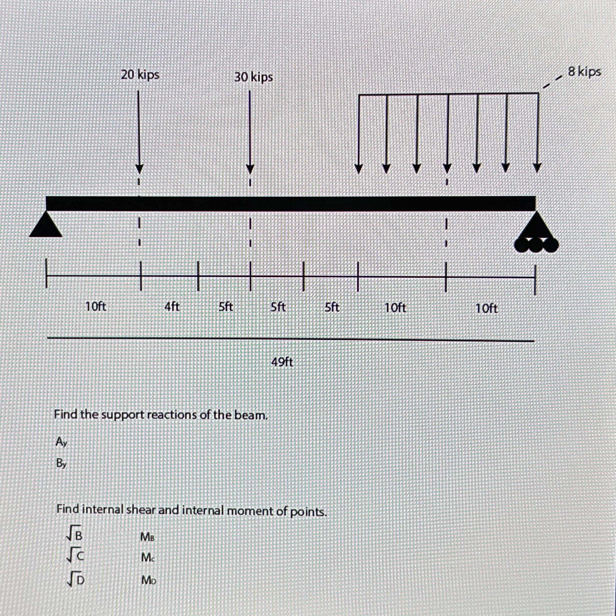 3 0 kips Find the support reactions of the beam.