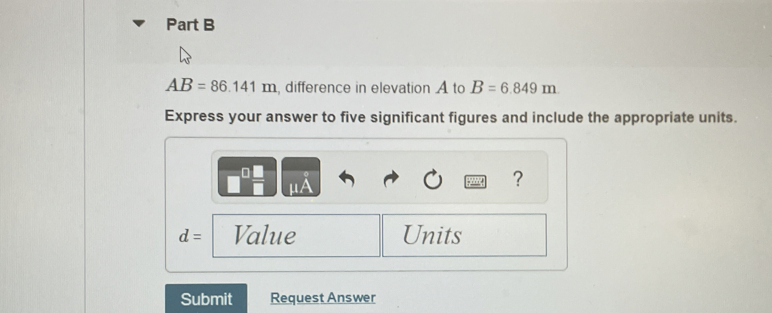 Part B A B = 8 6 . 1 4 1 m , difference in