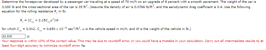Determine the horsepower developed by a passenger