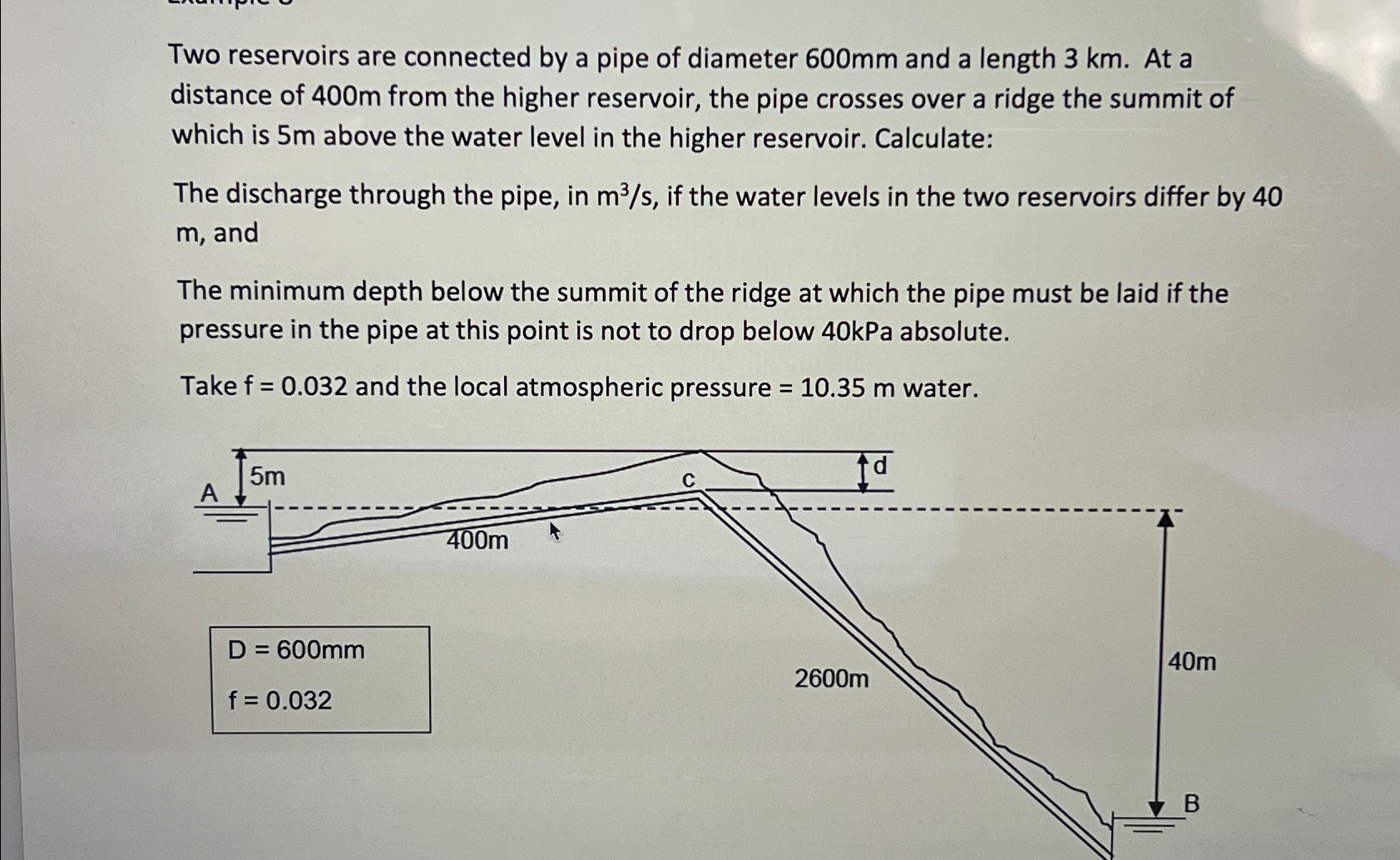 Two reservoirs are connected by a pipe of