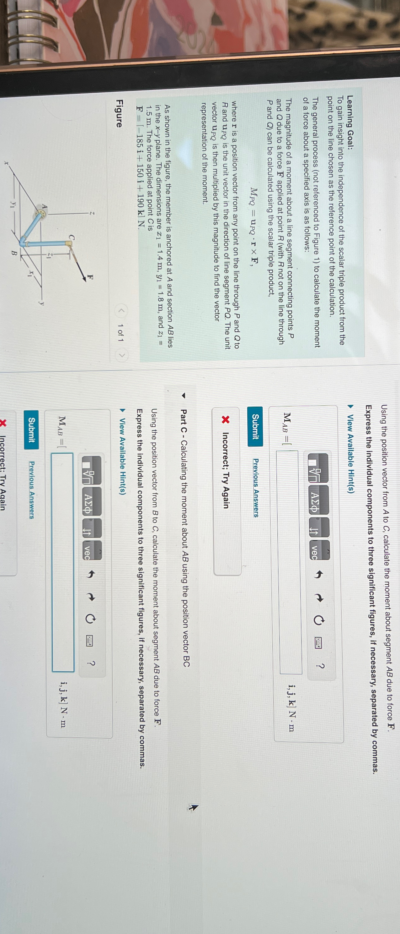 Using the position vector from A to C , calculate