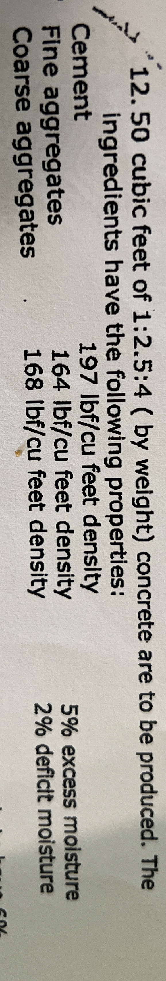 5 0 cubic feet of 1 : 2 . 5 : 4 ( by weight )