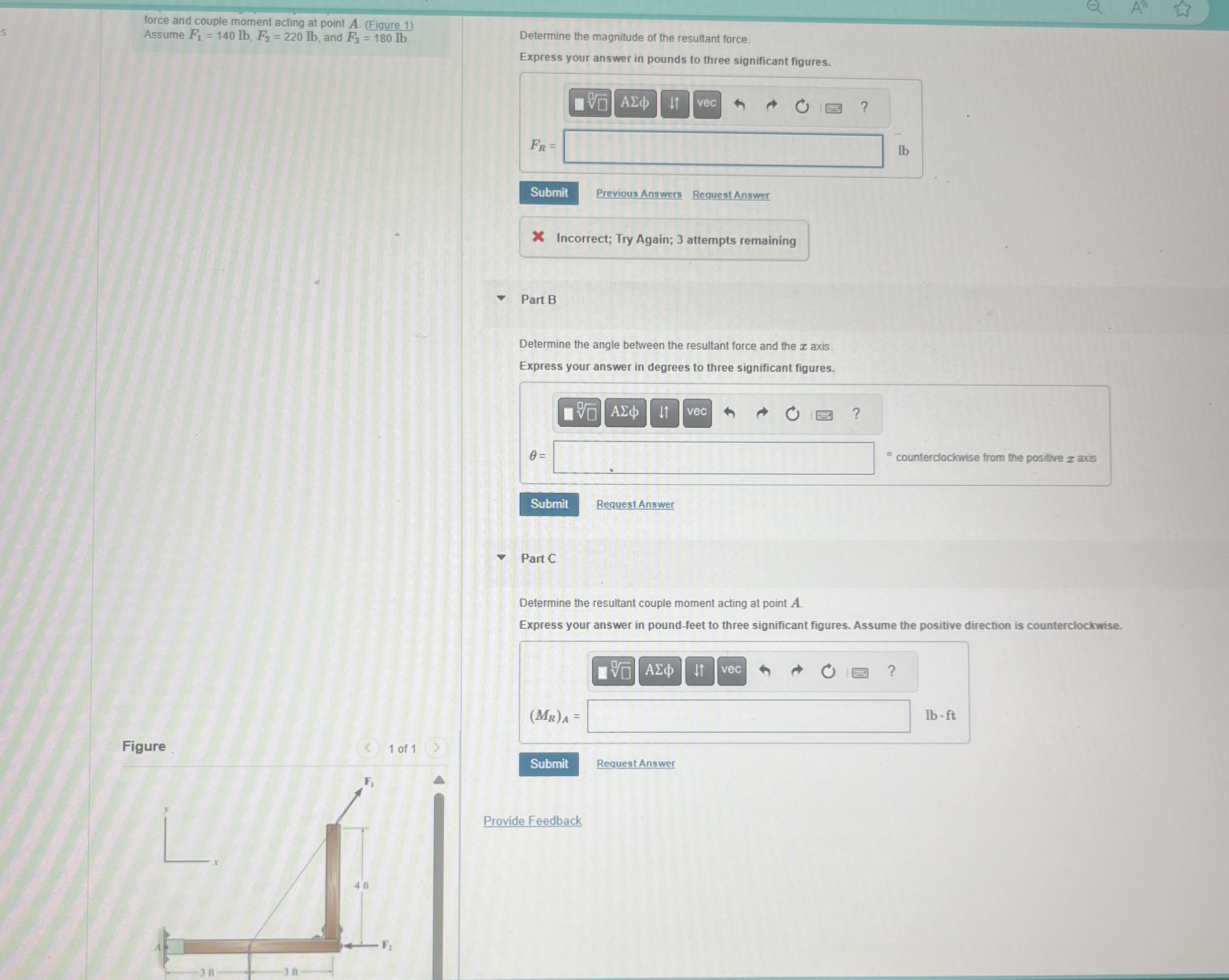 force and couple moment acting at point A . (