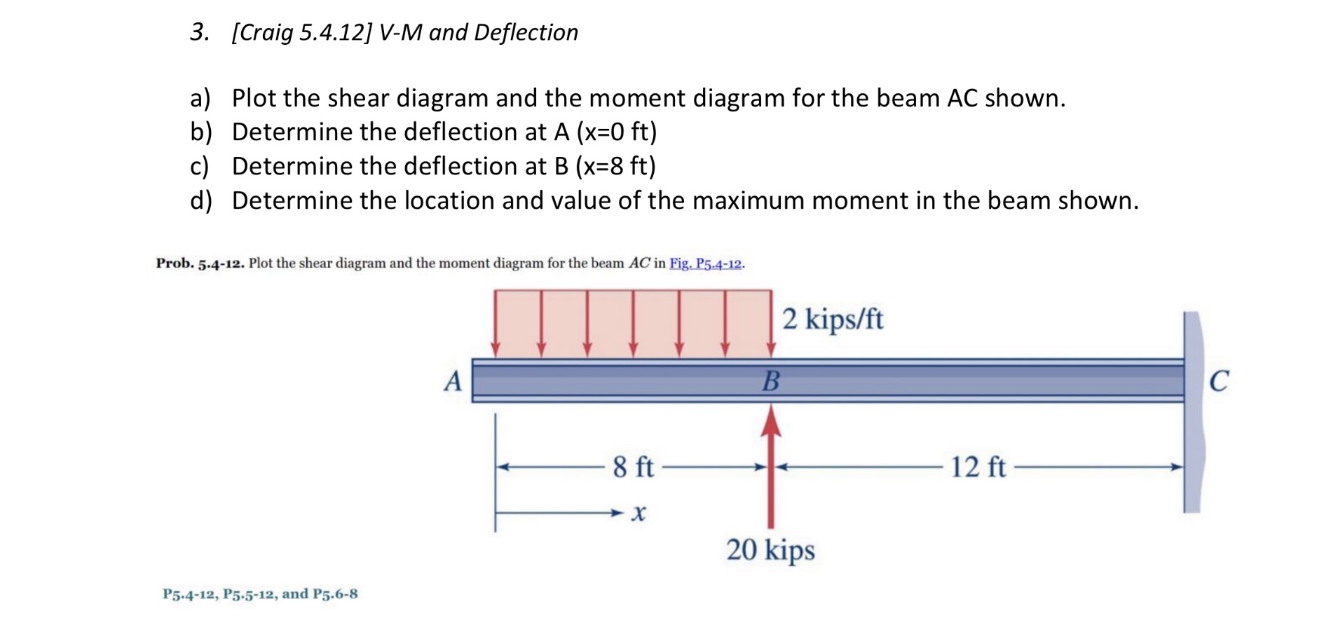 [ Craig 5 . 4 . 1 2 ] V - M and Deflection a )