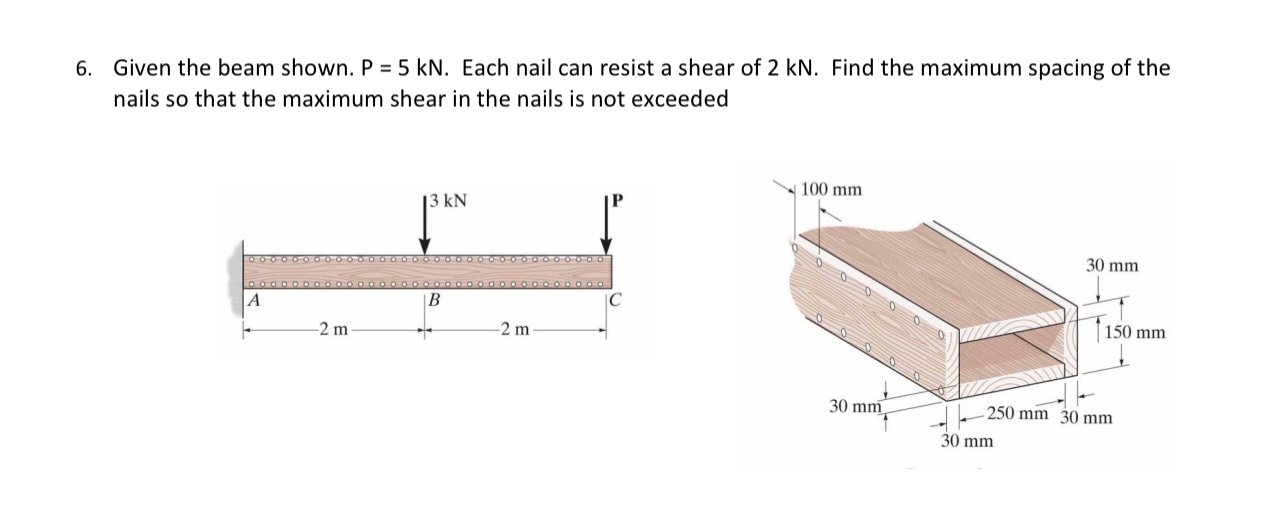 Given the beam shown. P = 5 k N . Each nail can