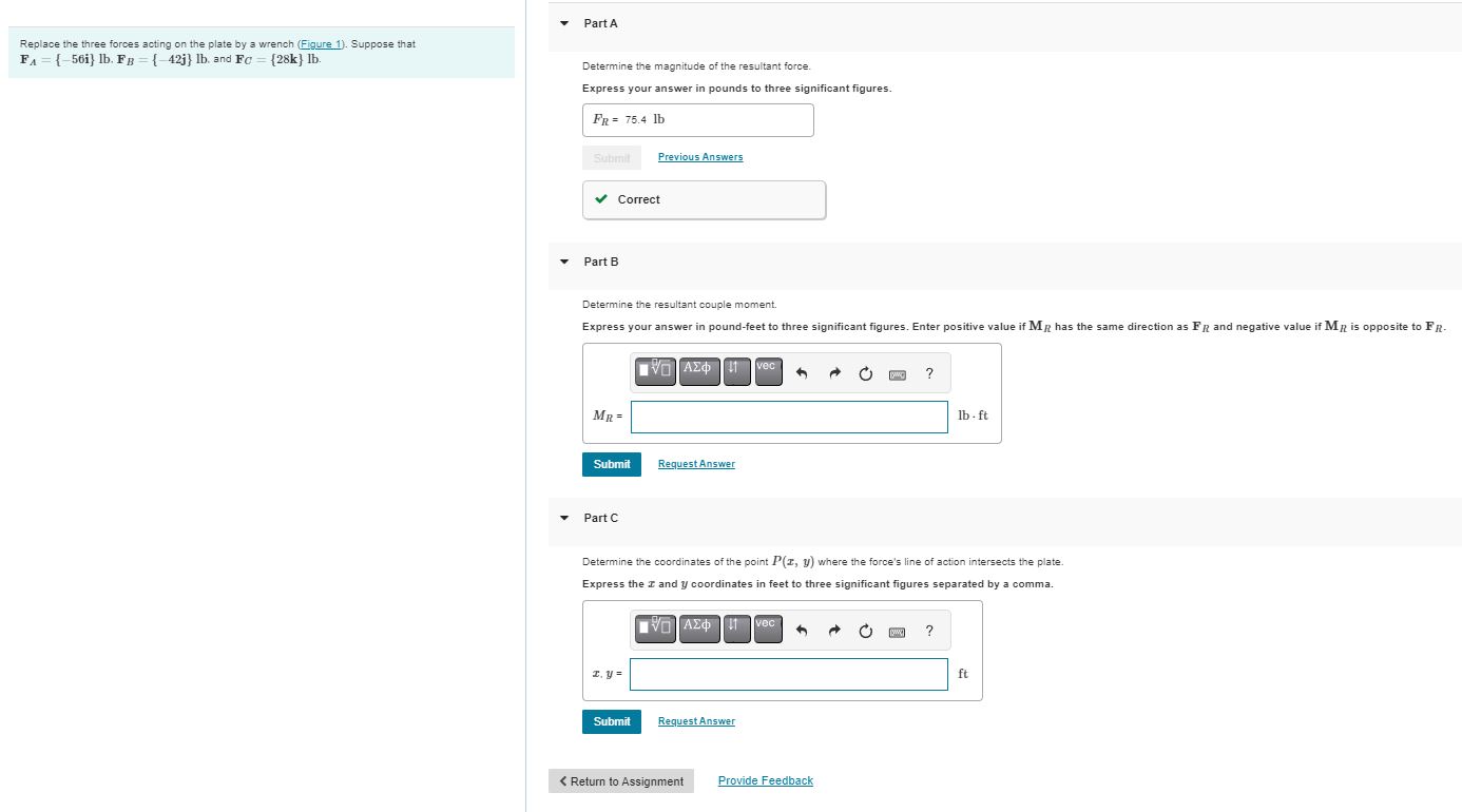 Replace the three forces acting on the plate by a
