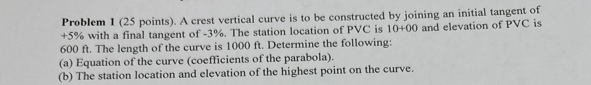 Problem 1 ( 2 5 points ) . A crest vertical curve