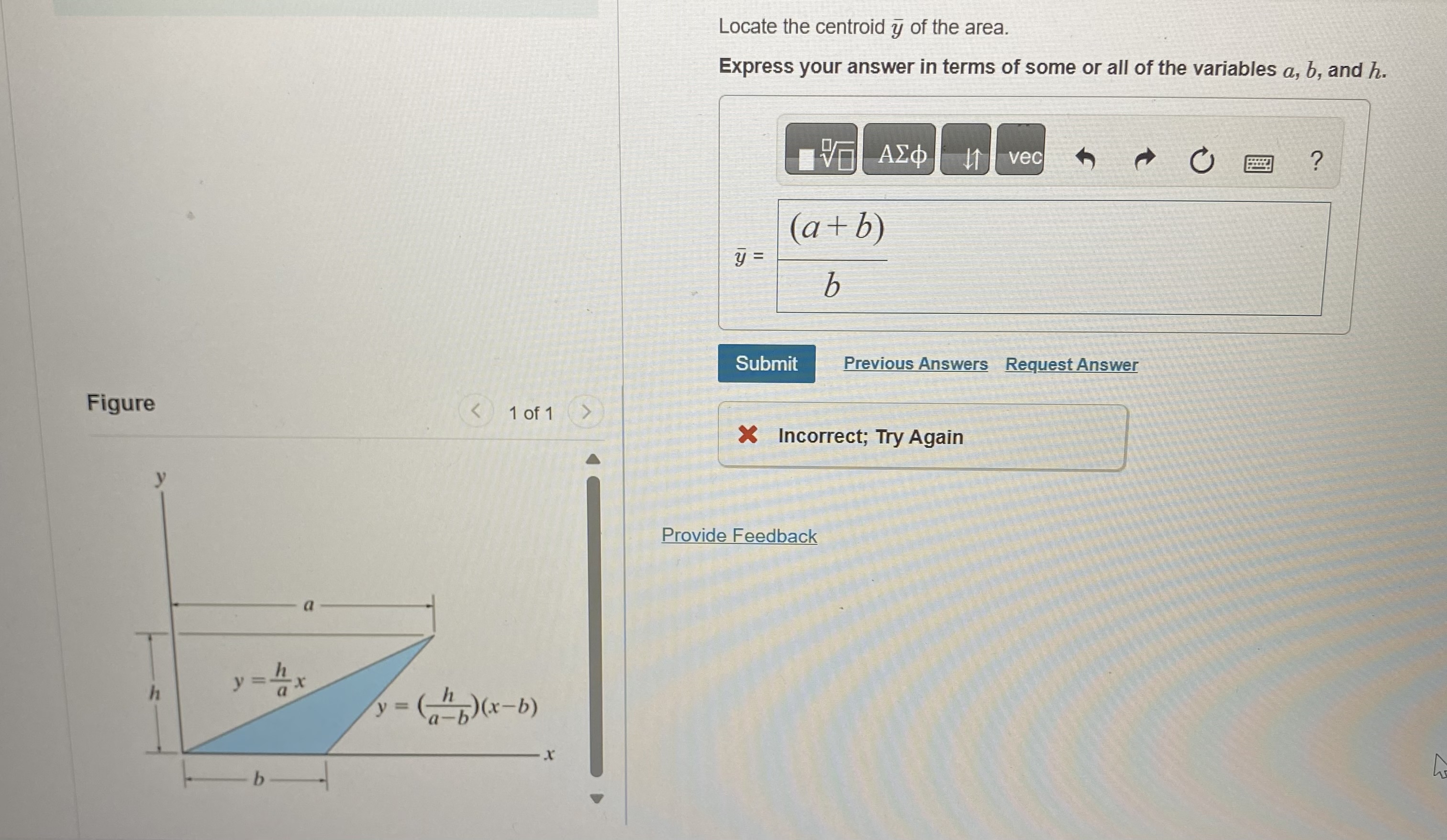 Locate the centroid ? b a r ( y ) of the area.
