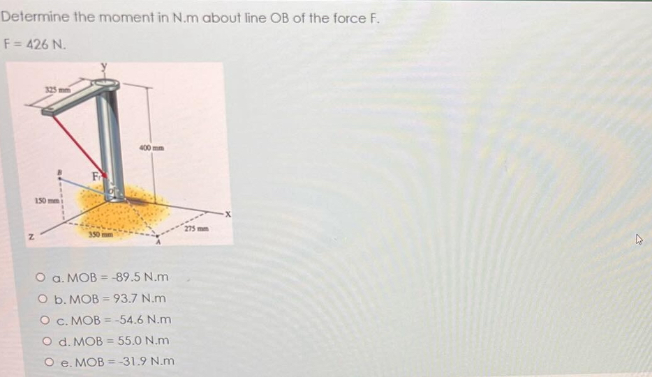 Determine the moment in N . m about line OB of