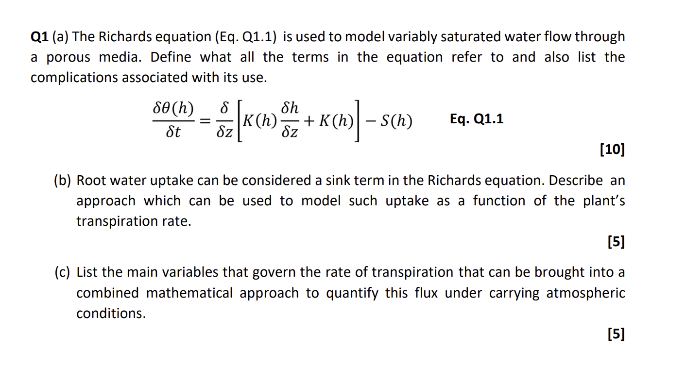 Q 1 ( a ) The Richards equation ( Eq . Q 1 . 1 )