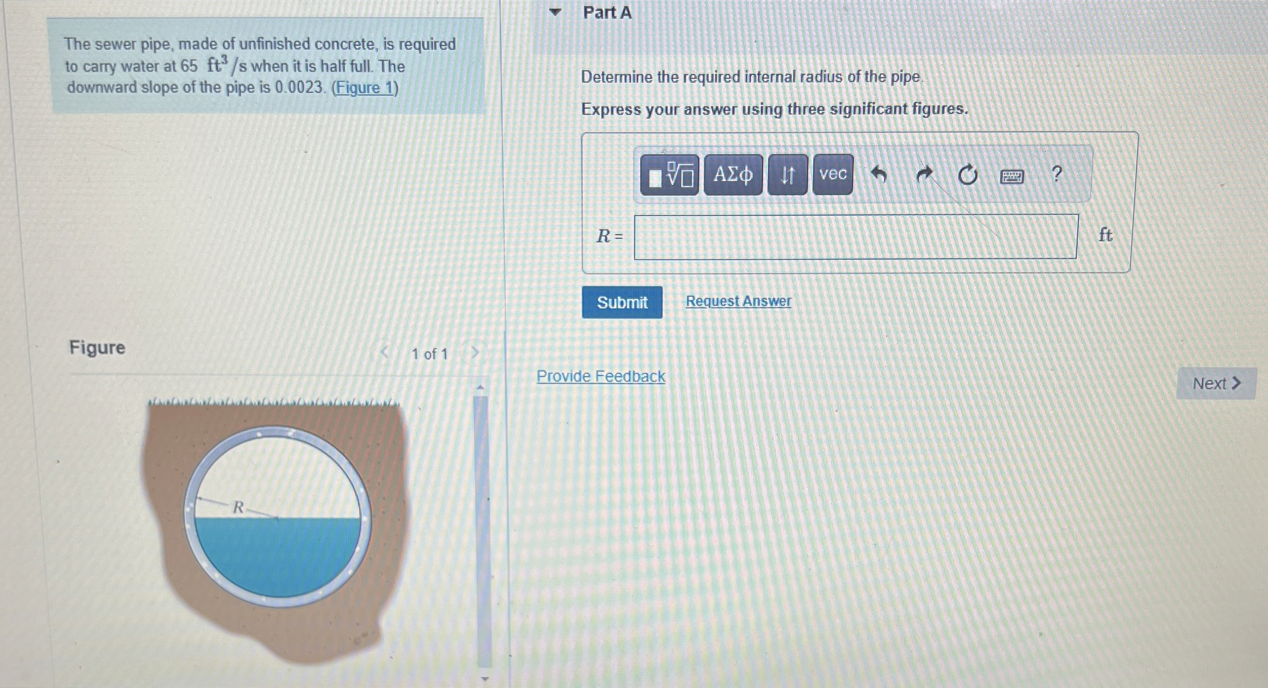 The sewer pipe, made of unfinished concrete, is