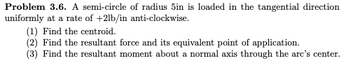 A semi - circle of radius 5 in is loaded in the