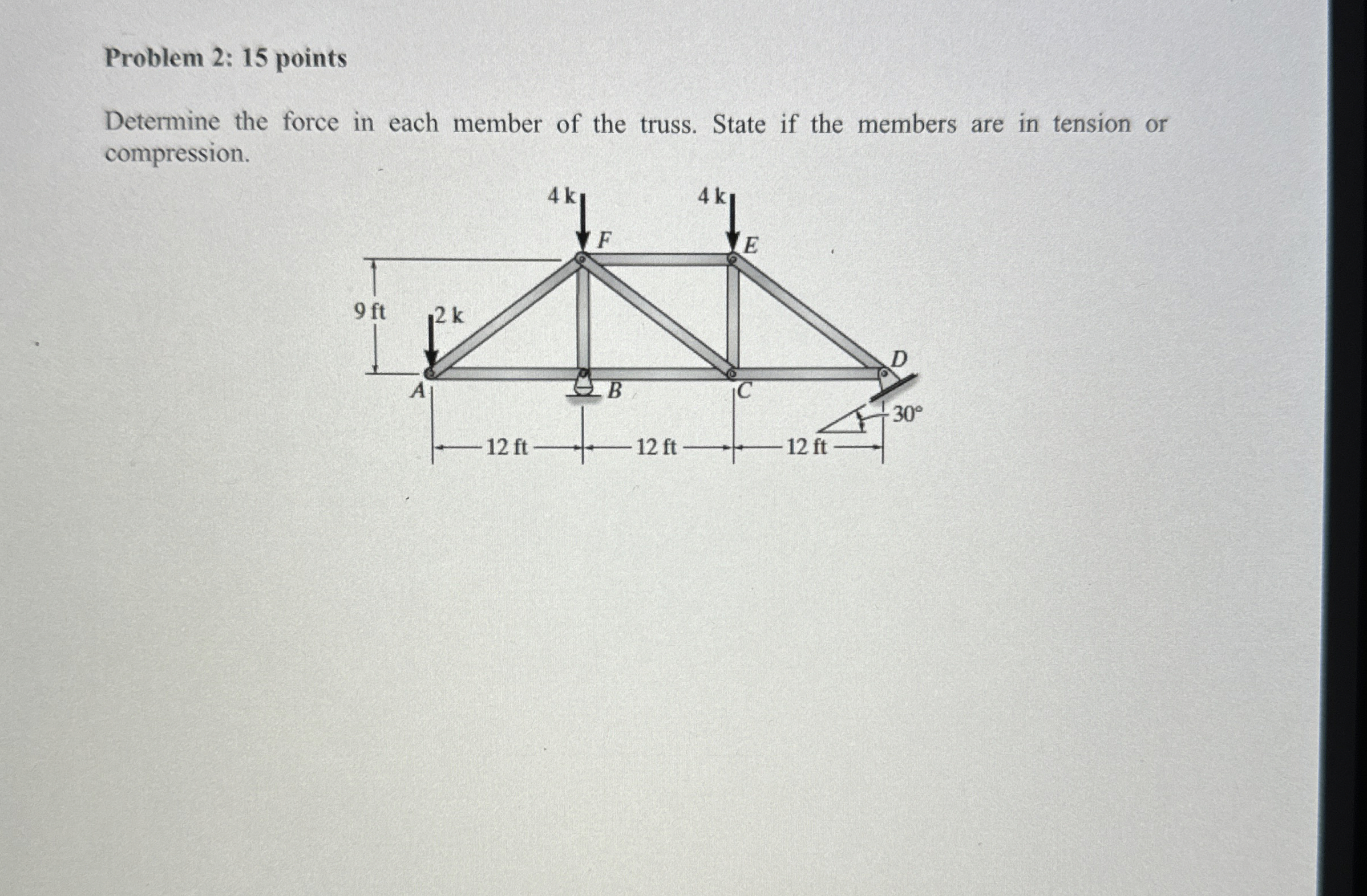Problem 2 : 1 5 points Determine the force in