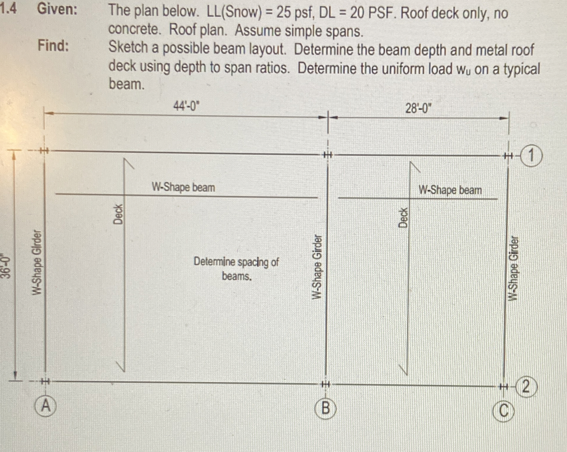 Given: The plan below. LL ( Snow ) = 2 5 psf , DL