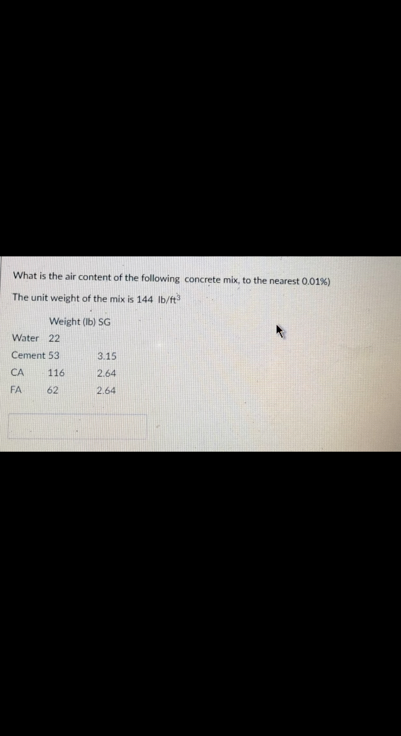 What is the air content of the following concrete