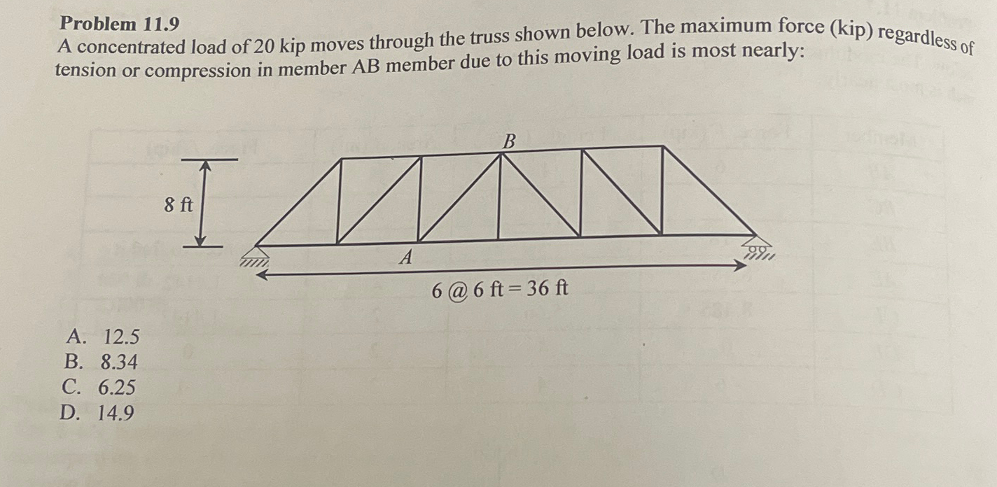 Problem 1 1 . 9 A concentrated load of 2 0 kip