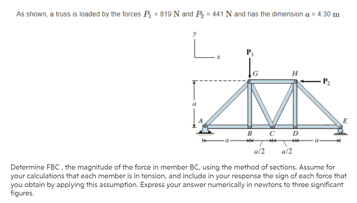 As shown, a truss is loaded by the forces P 1 = 8