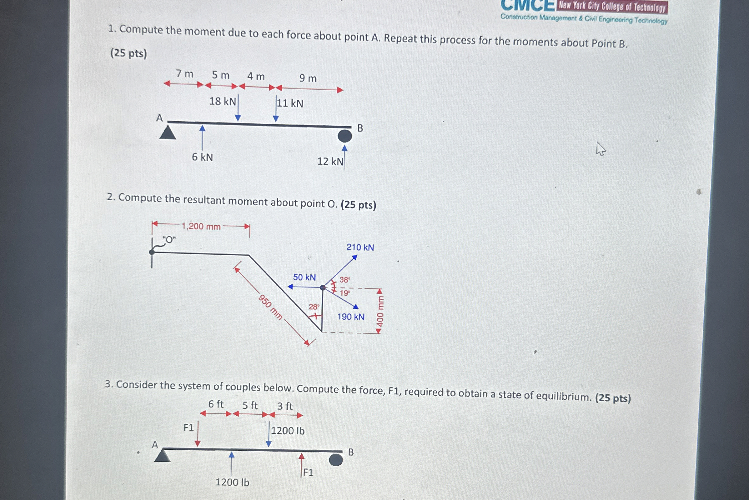 Compute the moment due to each force about point