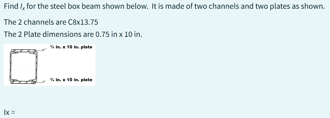Find I x for the steel box beam shown below. It