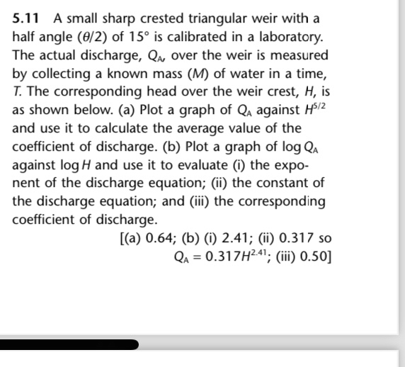 5 . 1 1 A small sharp crested triangular weir