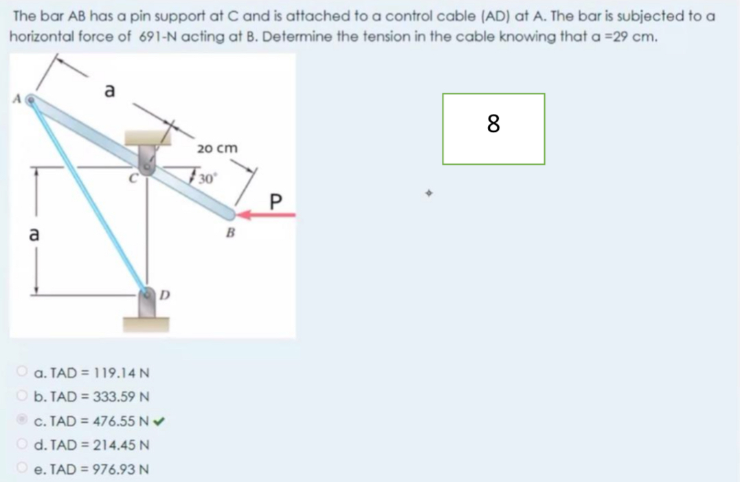 The bar A B has a pin support at C and is