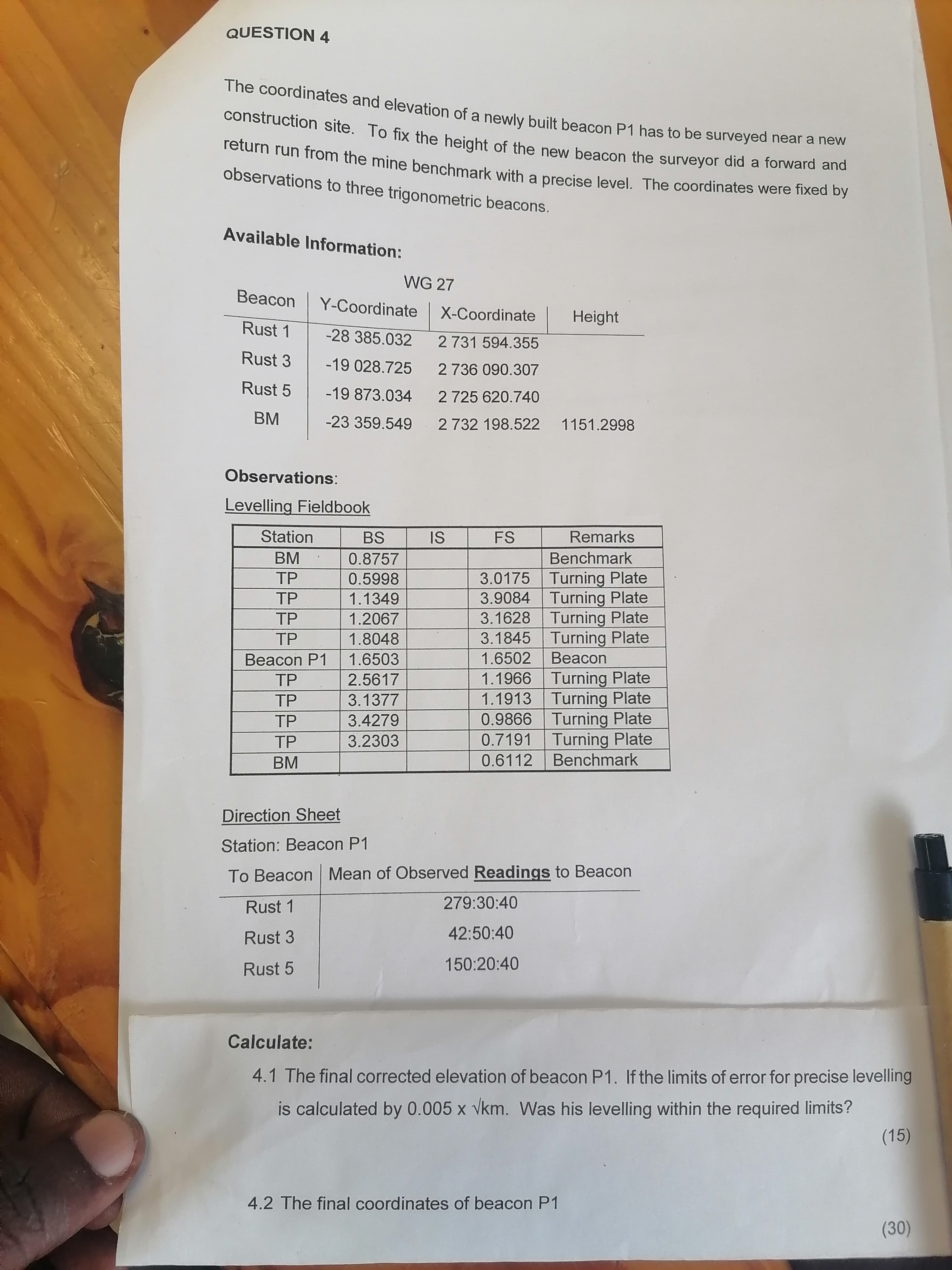 QUESTION 4 The coordinates and elevation of a