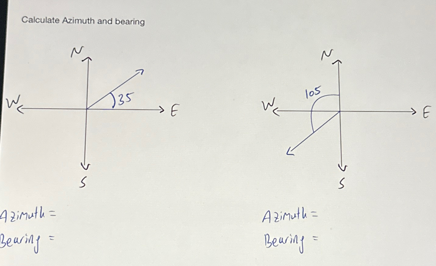 Calculate Azimuth and bearing Azimuth = Azimuth =