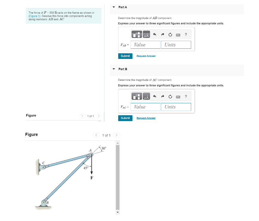 The force of F = 5 5 0 l b acts on the frame as