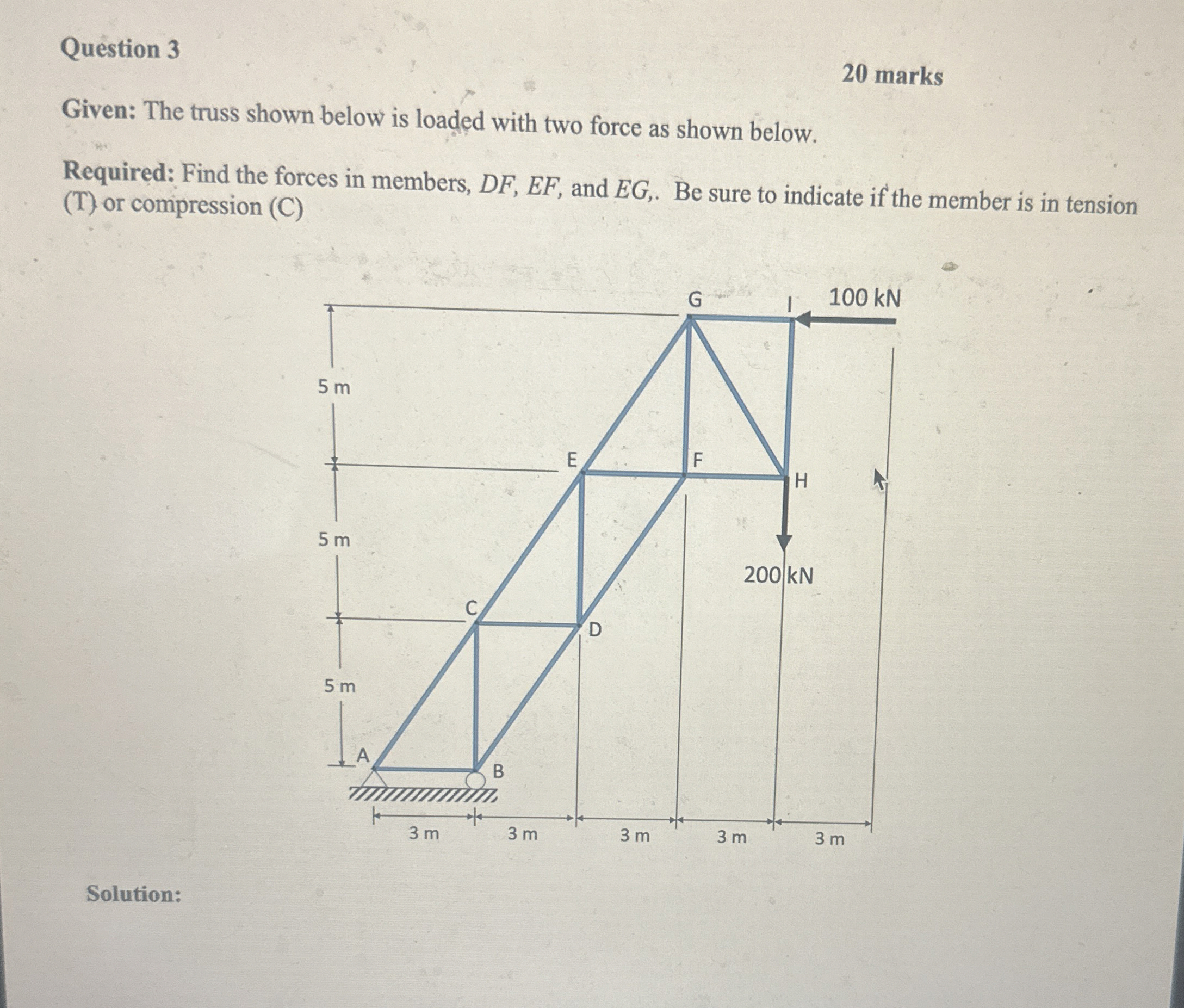 Question 3 2 0 marks Given: The truss shown below