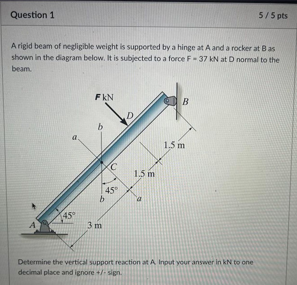A rigid beam of negligible weight is supported by