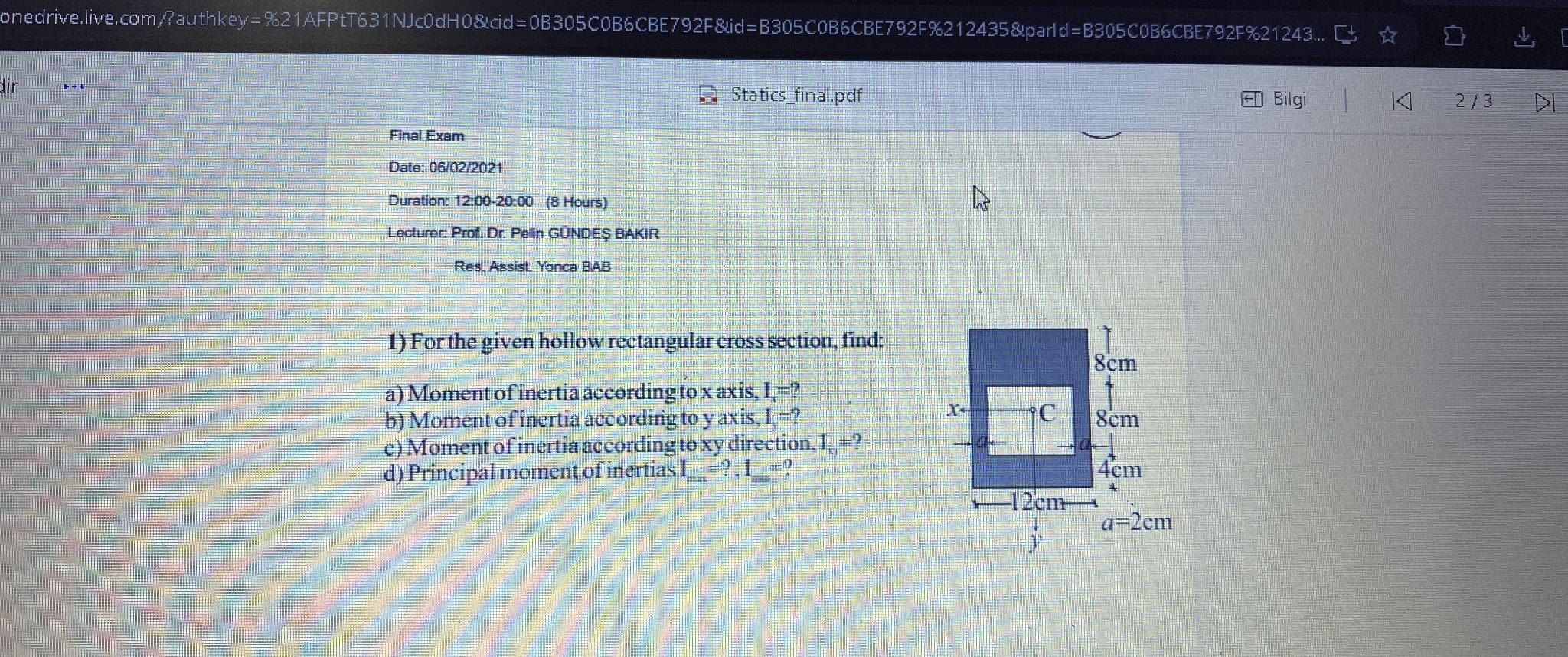 Statics _ final.pdf Bilgi 2 3 Final Exam Date: 0