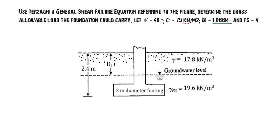 USE TERZAGHI'S GENERAL SHEAR FAILURE EQUATION