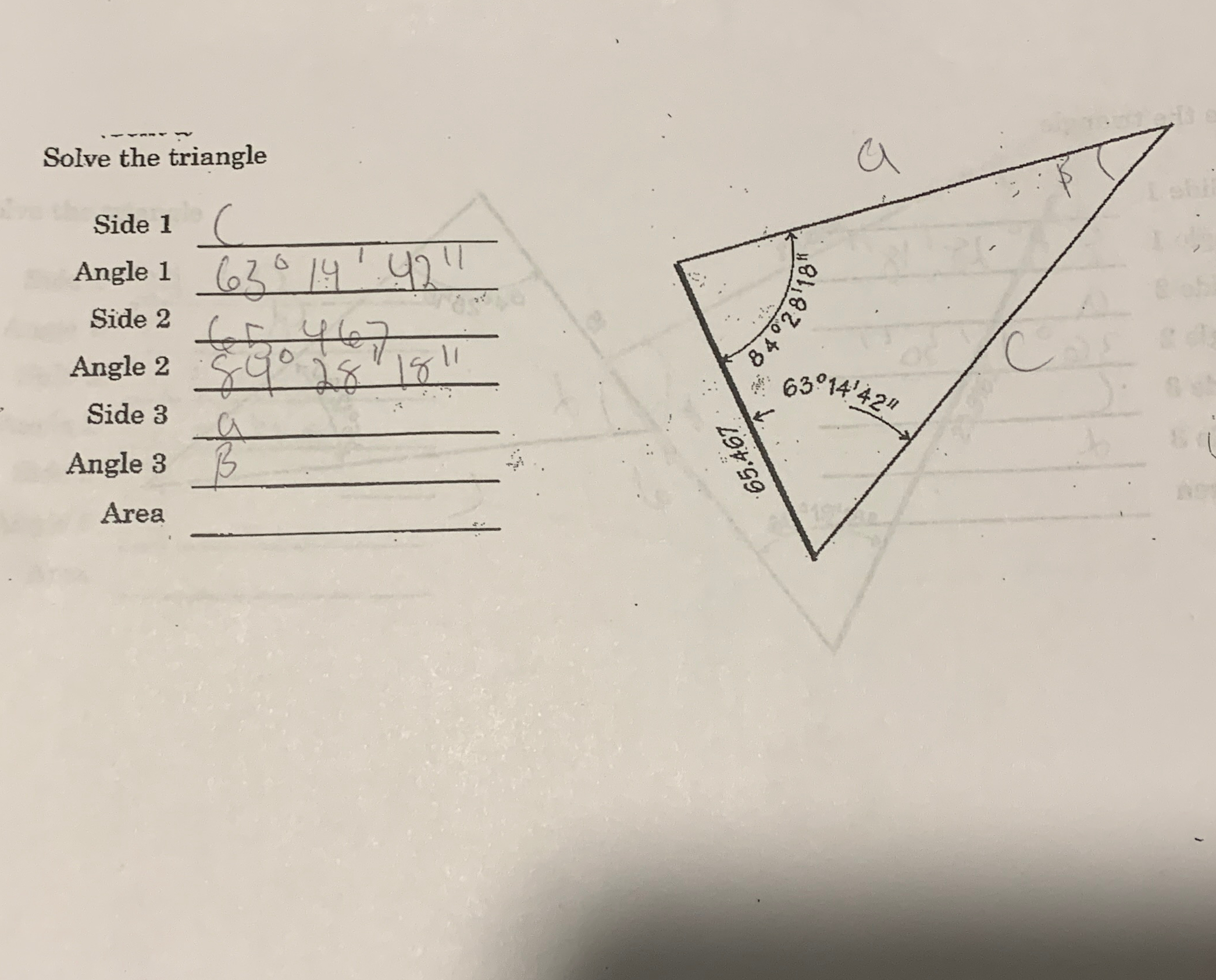 Solve the triangle Side 1 Angle 1 Side 2 Angle 2