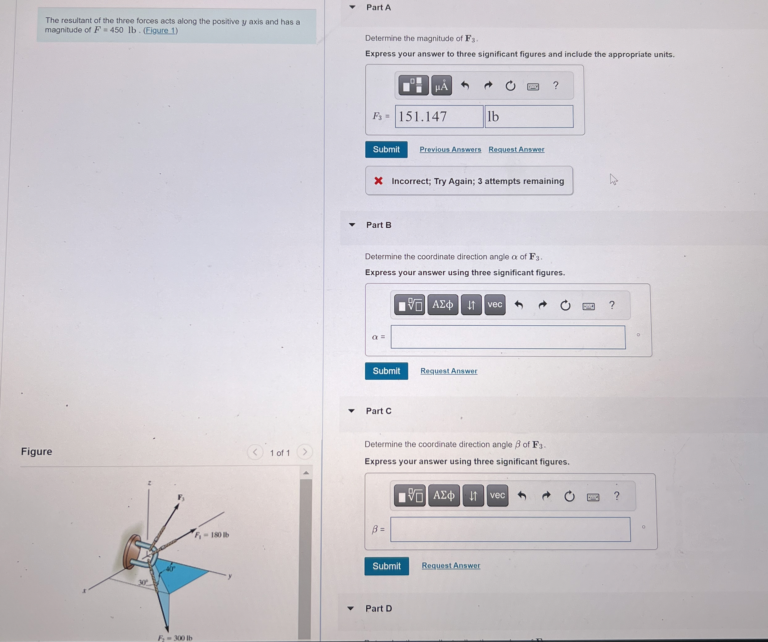 The resultant of the three forces acts along the