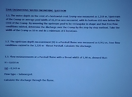 ITVR ENGINERING WATER ENGINEIUNG QUESTION 1 1 .