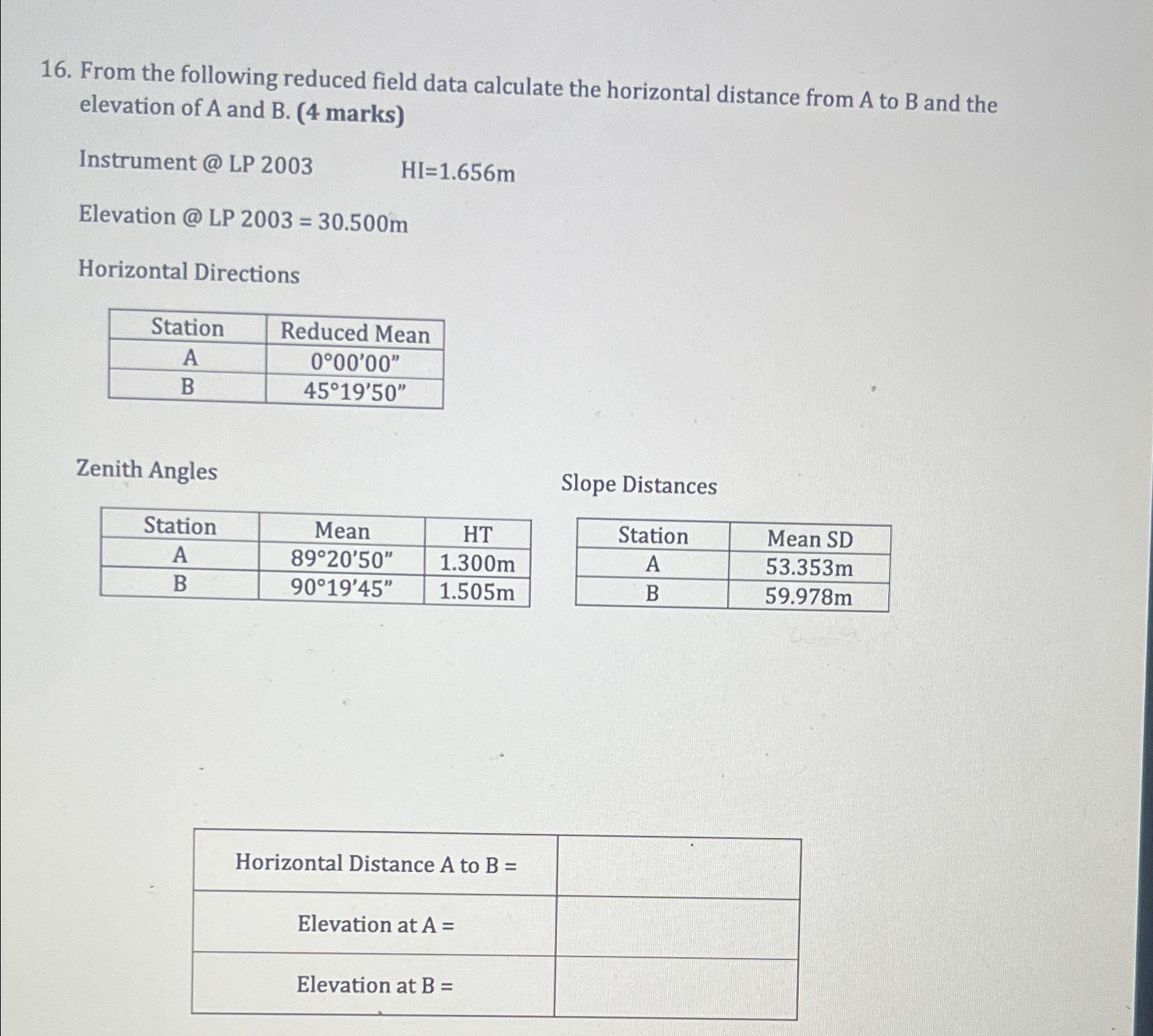 From the following reduced field data calculate