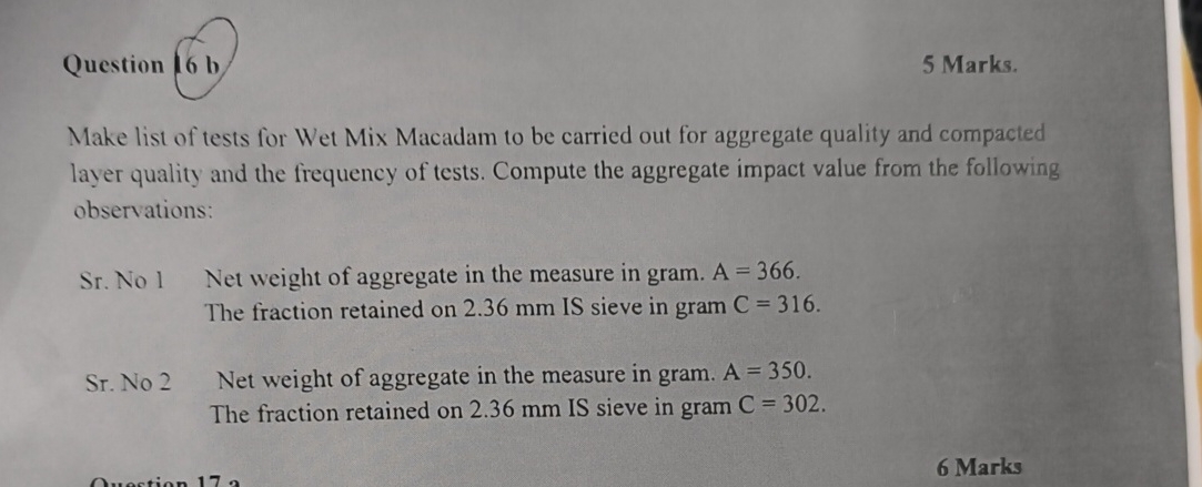 Question Make list of tests for Wet Mix Macadam