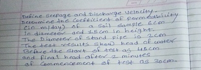 Define scepage and Discharge Velocity. Determine