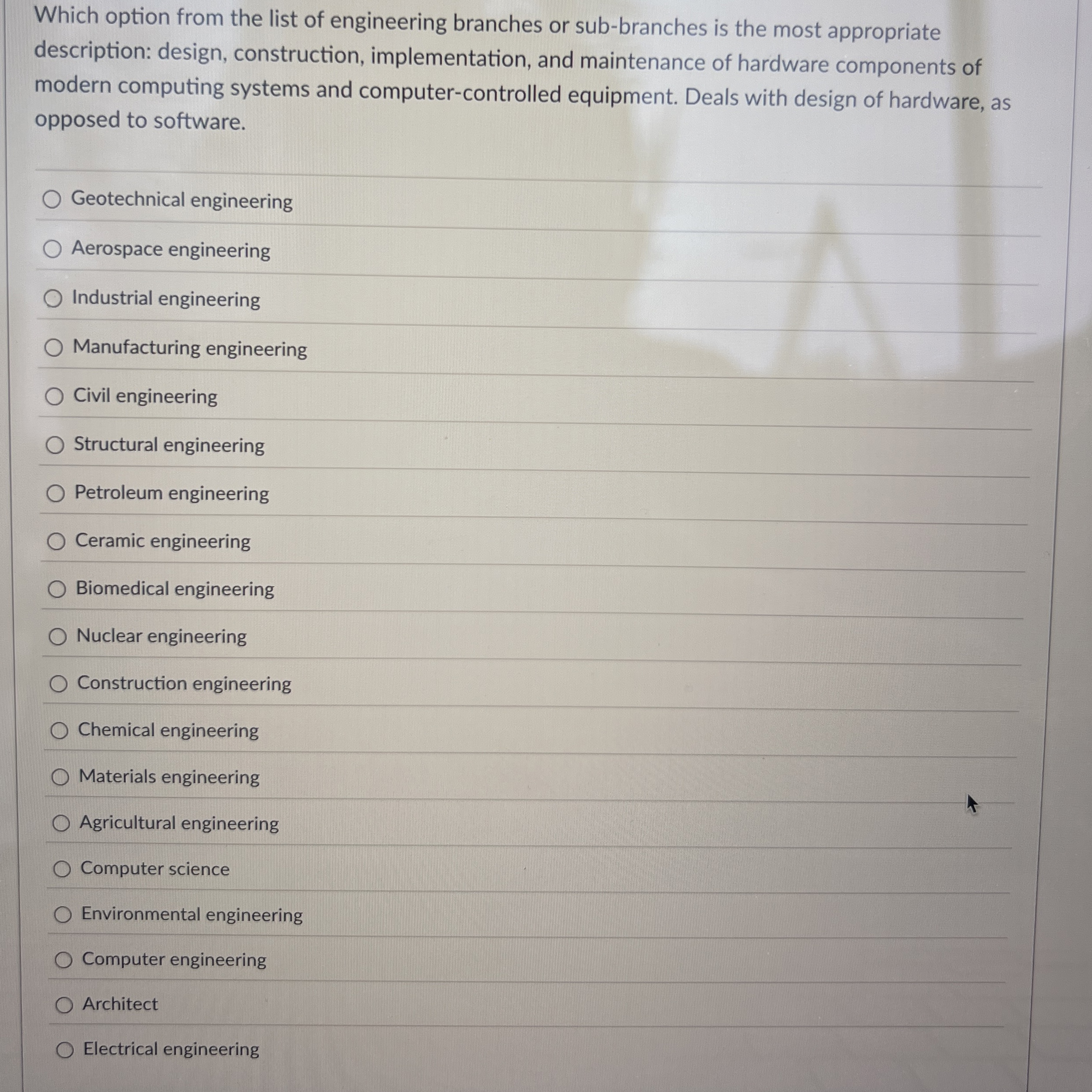 Which option from the list of engineering